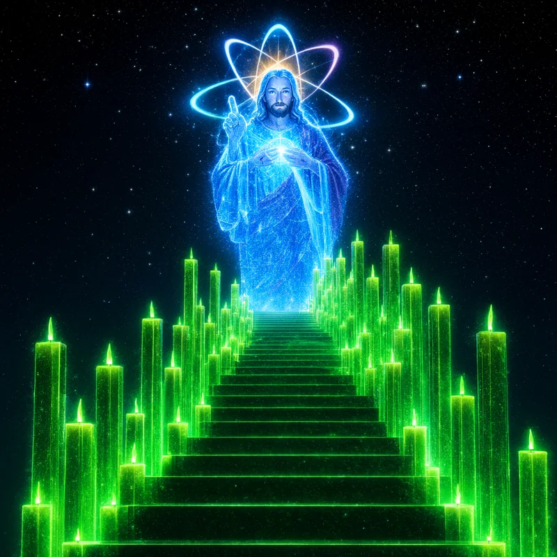 Quantum Jesus standing on a staircase of glowing green candles