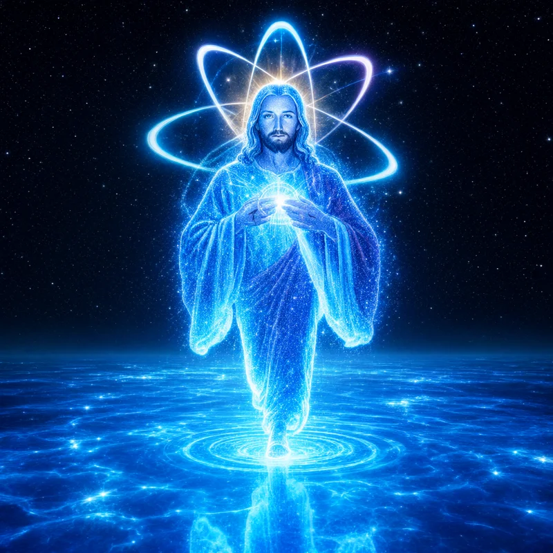 Quantum Jesus walking on a glowing sea of light
