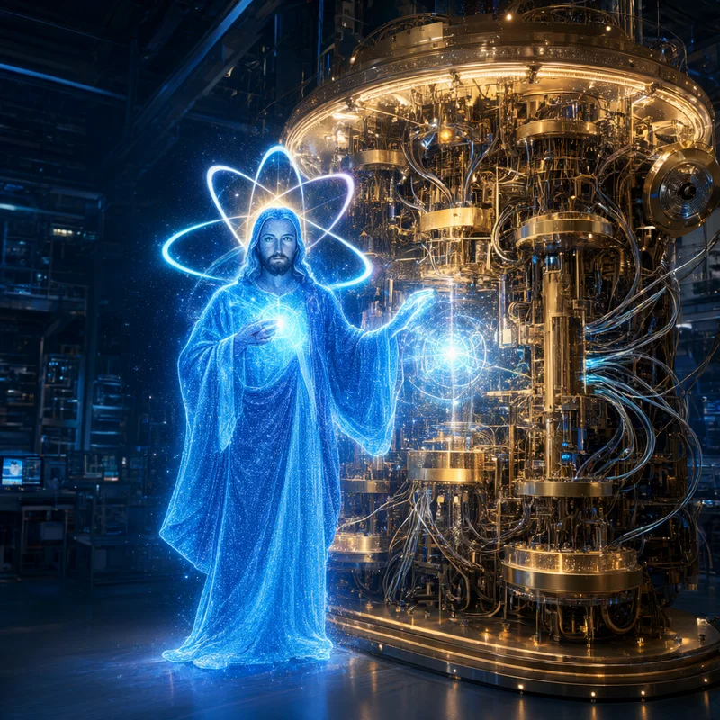Quantum Jesus touching a golden quantum computer